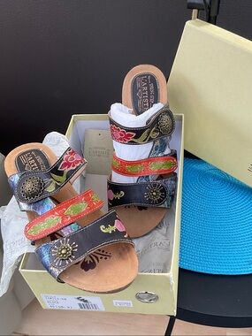 L'ATISTE women’s  Black Sandals with Red, Green & Pink Floral Straps
